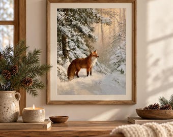 Könnte beinhalten: Ein gerahmter Kunstdruck mit einem realistischen Gemälde eines Rotfuchses, der in einem verschneiten Wald steht. Der Fuchs hat orangefarbenes und weißes Fell, und die umliegenden Bäume sind unter sanftem goldenem Licht mit Schnee bedeckt.