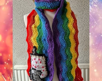 Nyan Cat-inspired scarf, rainbow, pop tart, crochet, adult size