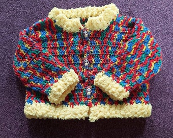 Rainbow crocheted cardigan with fluffy trim and cute hippy chick buttons, up to age 4