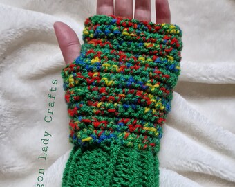 Green rainbow crochet wrist warmers, adult size