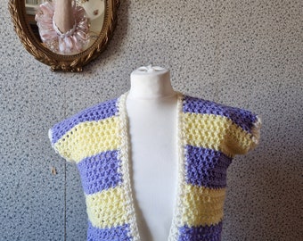 Easterween crochet short sleeve shrug cardigan, lilac and lemon with creepy cute rabbit and skull patches, size small adult