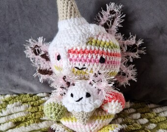 Ice Cream Axolotl cute crochet doll, pink green white brown, art doll, plushie, stuffie, decoration