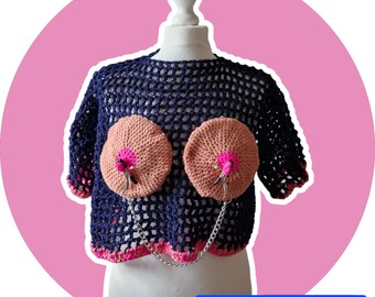 Boobs with nipple clamps crochet cropped sweater, adult size up to UK18