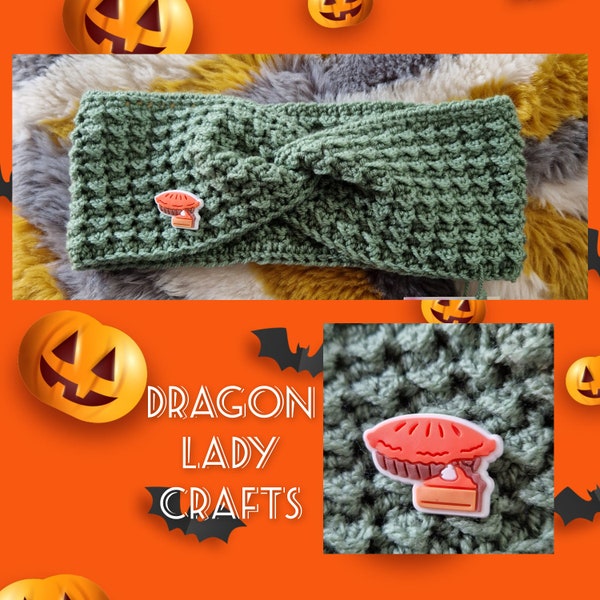 Bandeau au crochet, vert sauge avec bouton tarte à la citrouille, taille ado/petit adulte