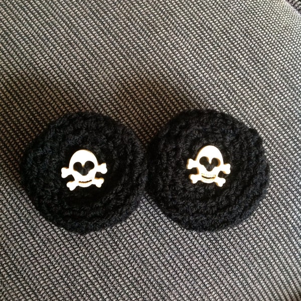 Crocheted plug mittens / lobe gloves / ear muffs with skull and crossbones