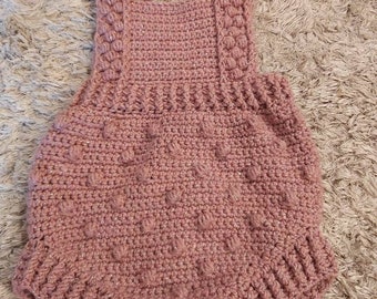 Dusty rose pink with silver sparkle crocheted bobble romper, up to 3 months