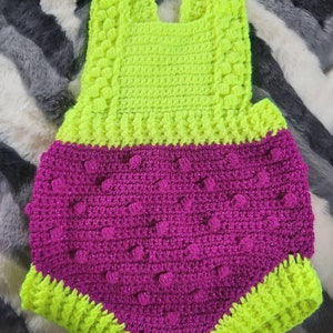 Super bright neon yellow with sparkly purple crocheted bobble romper, up to 3 months