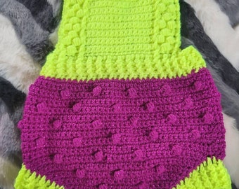 Super bright neon yellow with sparkly purple crocheted bobble romper, up to 3 months