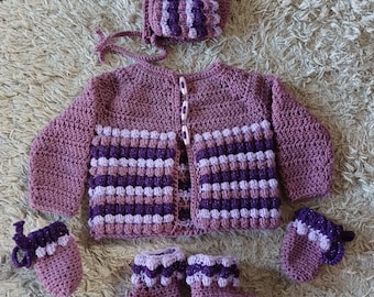 Purple crocheted bobble cardigan, bonnet, booties and mittens, fits up to 3 months