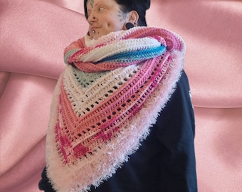 Wild Oleander Hooded Scarf in pinks and blues, pastel goth, crochet, adult size