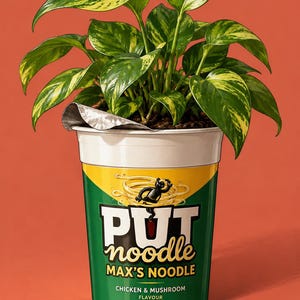 May include: A green and white plastic noodle cup container with a partially peeled silver foil lid, serving as a planter for a variegated pothos plant. The label features the text PUT noodle MAX'S NOODLE CHICKEN & MUSHROOM FLAVOUR.