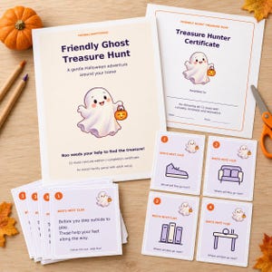 以下が含まれることがあります： Friendly Ghost宝探しゲームセット。説明書、宝探しハンター認定証、複数のヒントカードが含まれています。各カードにはカボチャのバケツを持った漫画の幽霊と英語のテキストが印刷されています。