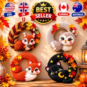 May include: Four decorative crochet wreaths featuring autumn themes. One wreath has a squirrel, one an owl, one a fox, and one a black cat. Each is adorned with colorful fall leaves, berries, and small accents. A gold Best Seller badge is at the top.