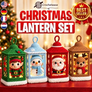 May include: A set of four crocheted Christmas lanterns featuring an elf, a snowman, Santa Claus, and a reindeer. Each lantern has a square base, a hanging loop, and a cutout design. The text reads Crochetease and Christmas Lantern Set.