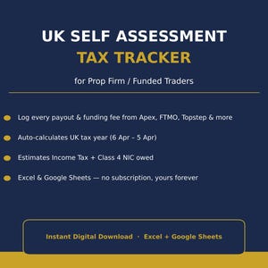 Puede incluir: Un rastreador de impuestos digital para traders financiados y de prop firms en el Reino Unido. El gráfico azul oscuro presenta texto amarillo y viñetas que detallan funciones como el registro de pagos, cálculos fiscales y compatibilidad con Excel y Google Sheets.
