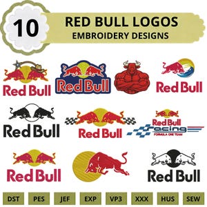 Könnte beinhalten: Eine digitale Sammlung von 10 Red Bull Stickmustern mit verschiedenen roten Stier-Logos, darunter ein muskulöser Stier, Rennthemen und Text. Das Bild zeigt mehrere Variationen der ikonischen Stiergrafik und des Markennamens Red Bull.