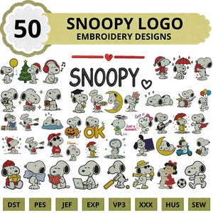 May include: A digital collection of 50 Snoopy embroidery designs featuring the character in various activities, outfits, and poses. The image includes text reading 50 SNOOPY LOGO EMBROIDERY DESIGNS and file formats like DST, PES, JEF, EXP, VP3, XXX, HUS, and SEW.