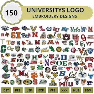 May include: A digital collection of 150 university logo embroidery designs featuring various collegiate mascots, letters, and emblems in diverse colors. The image includes text reading UNIVERSITYS LOGO EMBROIDERY DESIGNS and file formats DST, PES, JEF, EXP, VP3, XXX, HUS, SEW.