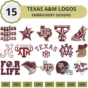 Puede incluir: Una colección de 15 diseños de bordado de Texas A&M con logotipos en granate y blanco, que incluyen las iniciales de la universidad, una estrella, una mascota, un casco de fútbol americano y textos como Aggies, Texas y Gig Em Aggies, formatos abajo.