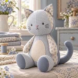 May include: A stuffed cat toy crafted from light blue and white gingham fabric, featuring floral patterned accents on the ears and sides, a cream-colored felt belly patch, embroidered dark brown eyes, and a small pink stitched nose.