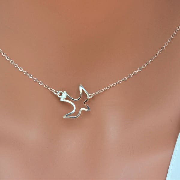 Dove Outline Necklace,  Bird choker necklce, Sterling Silver Dove , Soar Bird - Confirmation gift for girl, Simple Necklace, choker Necklace