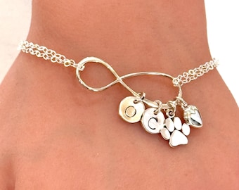 Sterling Silver Paw Print Bracelet: Personalized Initial Charm, Pet Memorial Gift