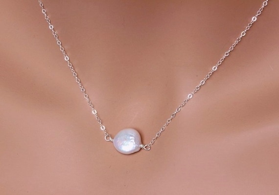 Freshwater Coin Pearl Necklace on Gold 