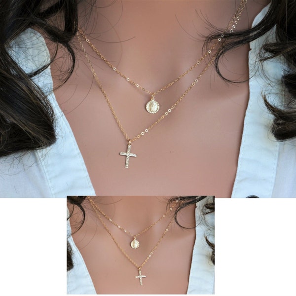 Cross Neckalce Femmes Vierge Marie Médaillon Ensemble, Collier médaillon en couches, Vierge Marie croix Ensemble en couches, Ensemble double couche, Cadeau religion