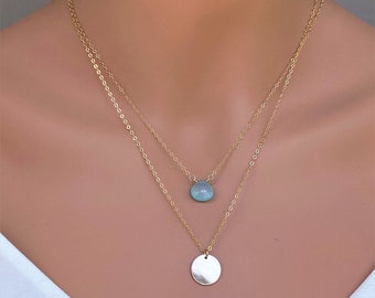 gelaagde ketting set, dubbel gelaagde kettingen, gelaagde gouden ketting, gouden schijf gelaagdheid, ketting voor vriendin, twee lagen, cadeau voor haar.