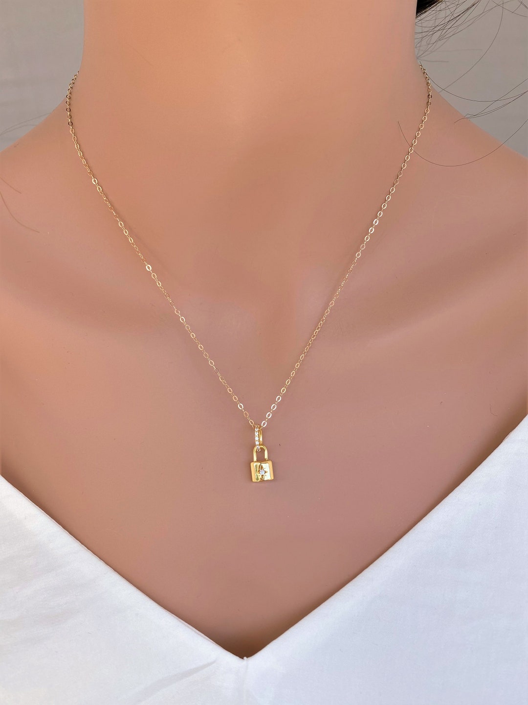 Gold Lock Necklace Padlock Necklace, Gold Layering Tiny CZ Lock ...