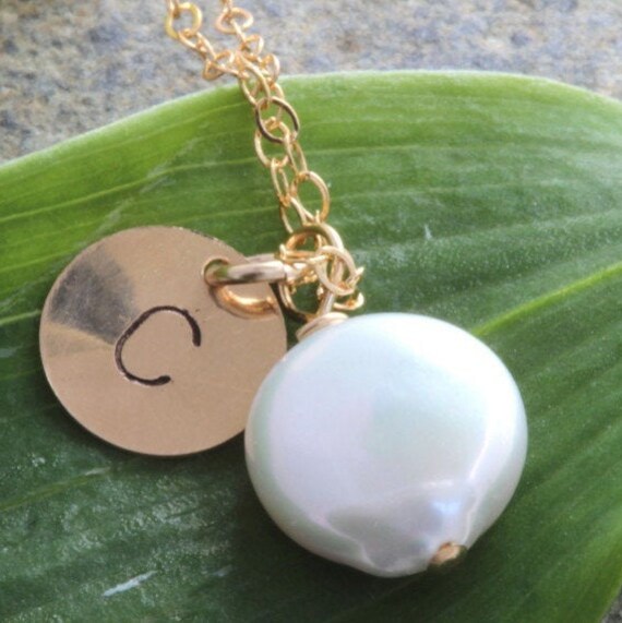 Beautiful! Freshwater White Coin Pearl Necklace with Gold
