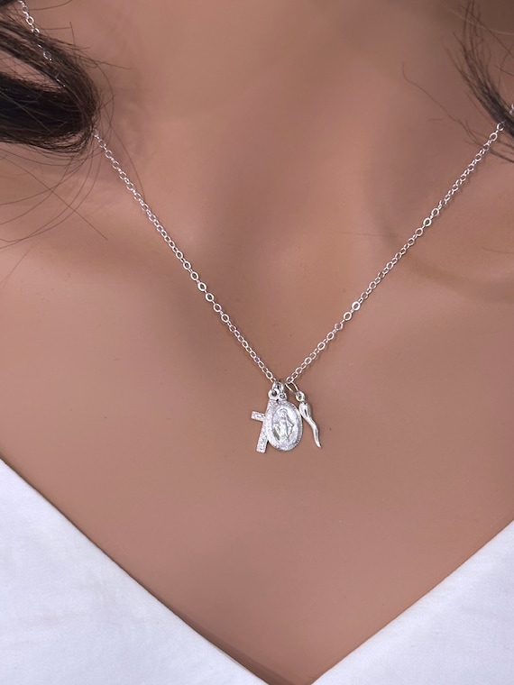 Sterling Silver Virgin Mary Necklace: Cross and Italian Horn