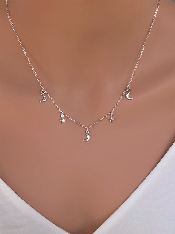Moon Star Dangle Necklace in Sterling 