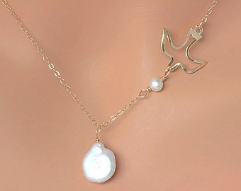 GOLD BIRD NECKLACE, Trendy Flying Dove Bird Thin Chain Freshwater Pearl Drop Necklace, Baroque Pearl Necklace Gift For Mother, Gift for her.