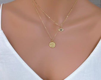 Evil eye Necklace set set, Gold evil eye disc and cz evil eye nekclace, layered necklace set, Gold fill Evil pendents, Protiction evil eye