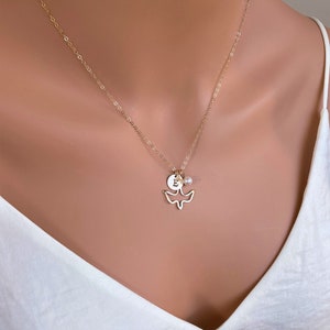Gold Dove Initial Necklace: Freshwater Pearl Bird Charm