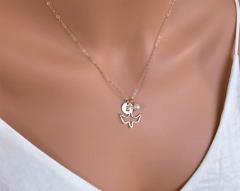 Confirmation gifts for her girls, Gold  Dove Initial Necklace, Dove Bird Necklace with Initial Freshwater Pearl, personalized Bird necklace.