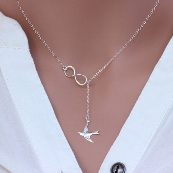 Confirmation gift for her girls, Bird Infinity Jewelry, Confirmation necklace gifts, Sterling silver Gold fill  Infinity Lariat Necklace.