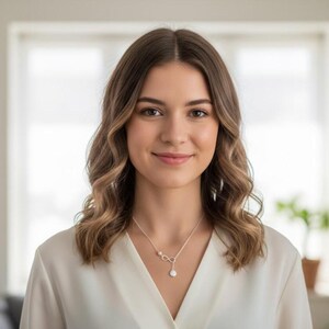 May include: A woman wearing a white blouse and a silver necklace with an infinity symbol and a pearl pendant. The woman has wavy brown hair and is smiling. The background is a blurred interior with a window.