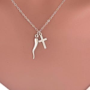 Gold Filled Italian Horn Necklace with Cross Charm - Good Luck Amulet