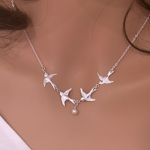 40th Birthday Gift: Sterling Silver Flying Birds Necklace