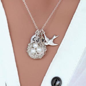 Personalized Sterling Silver Bird Nest Necklace: Initial Charms & Freshwater Pearls
