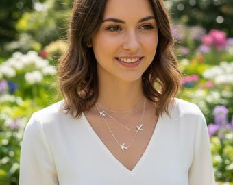 Sterling Silver Flying Birds Layered Necklace - Minimalist Jewelry