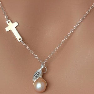 Sterling Silver Sideways Cross Necklace: Personalized Initial & Gemstone
