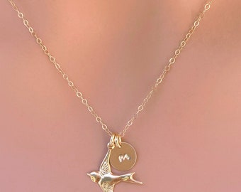 personalized bird necklace - Flying bird with initial - Sterling silver or Gold Fill bird necklace -