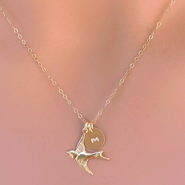 personalized bird necklace - Flying bird with initial - Sterling silver or Gold Fill bird necklace -