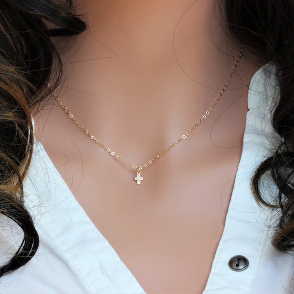 Tiny Gold Cross . Cross Necklace, Gold / Sterling Silver Tiny Cross Necklace - Dainty Gold Cross Necklace - Layered Necklace - Silver Cross