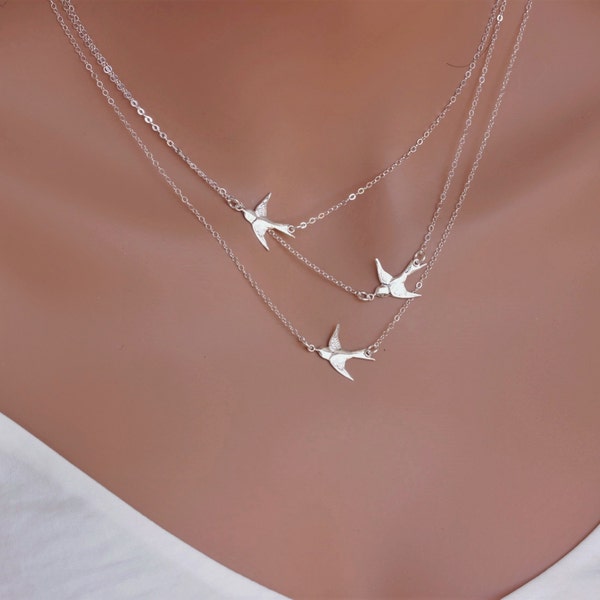 Mothers day gift - Mother bird necklace - Theree bird necklace - Two layered bird necklace - Mother and daughter neckalce - Mom jewelry