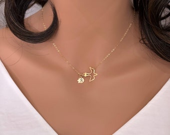 Confirmation gifts for her girls - Gold  Dove Initial Neckalce - Dove Necklace - Bird Necklace with tiny corss - Bird necklace- Gift for her