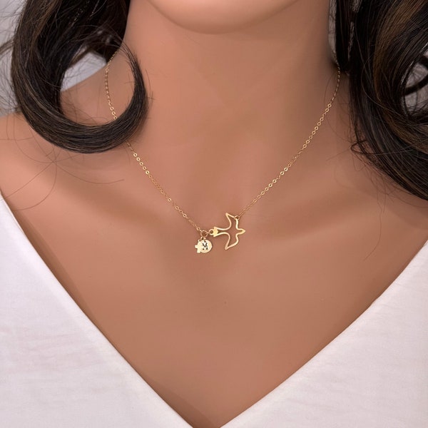 Confirmation gifts for her girls - Gold  Dove Initial Neckalce - Dove Necklace - Bird Necklace with tiny corss - Bird necklace- Gift for her